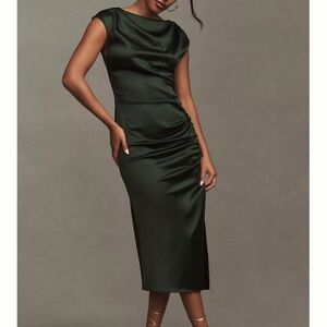 Anthropologie x BHLDN Francesca High Neck Stretch Satin Midi Dress Forest Green